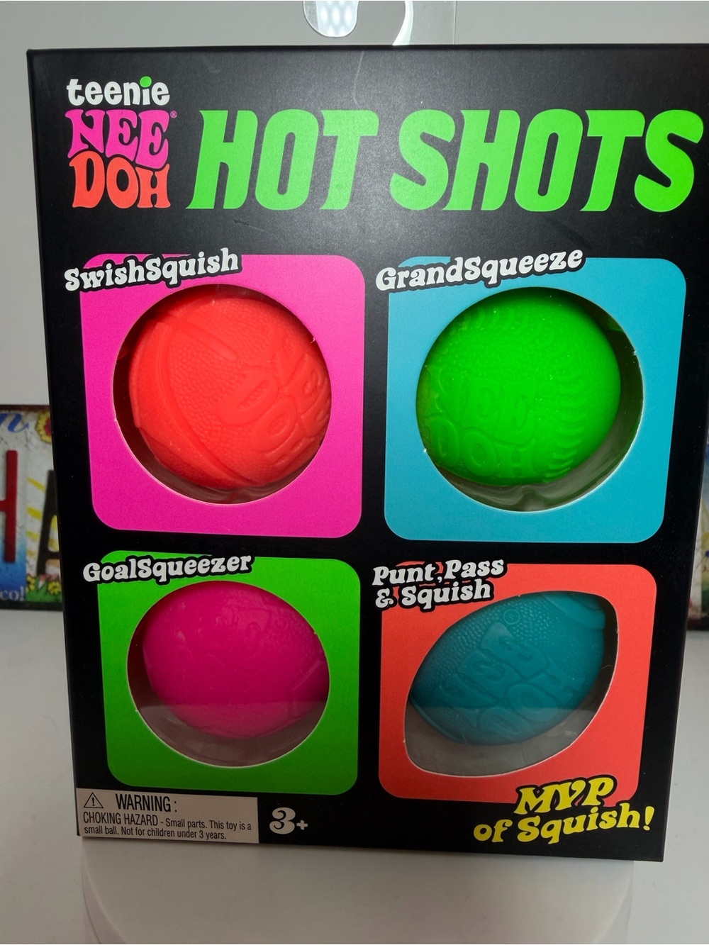 NEEDOH Hot Shots Squish Ball Set - Neon Orange, Green, Pink, Teal